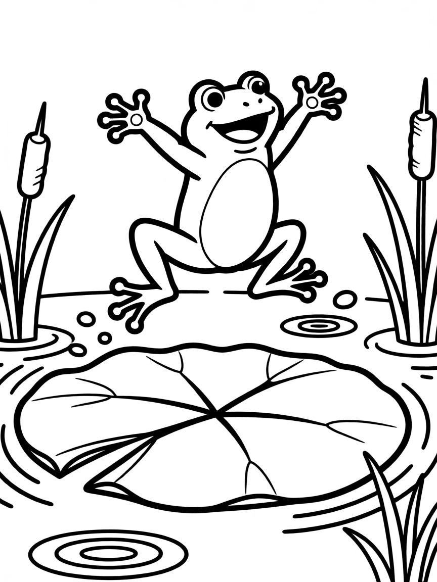 A jumping frog on a lily pad.