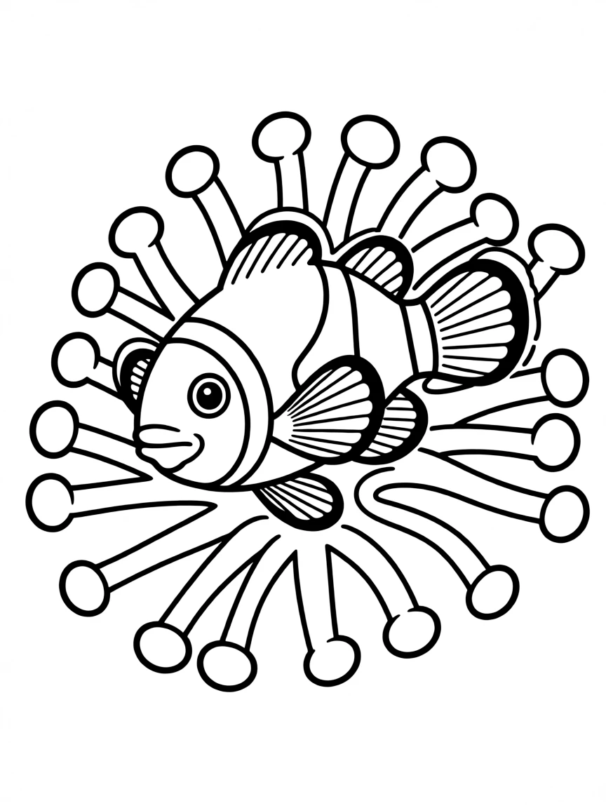A colorful clownfish hiding in an anemone.