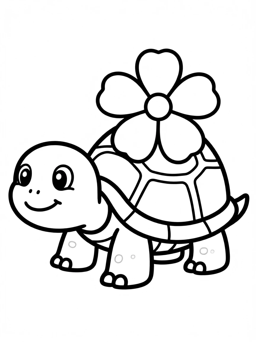 A slow turtle with a flower on its shell.