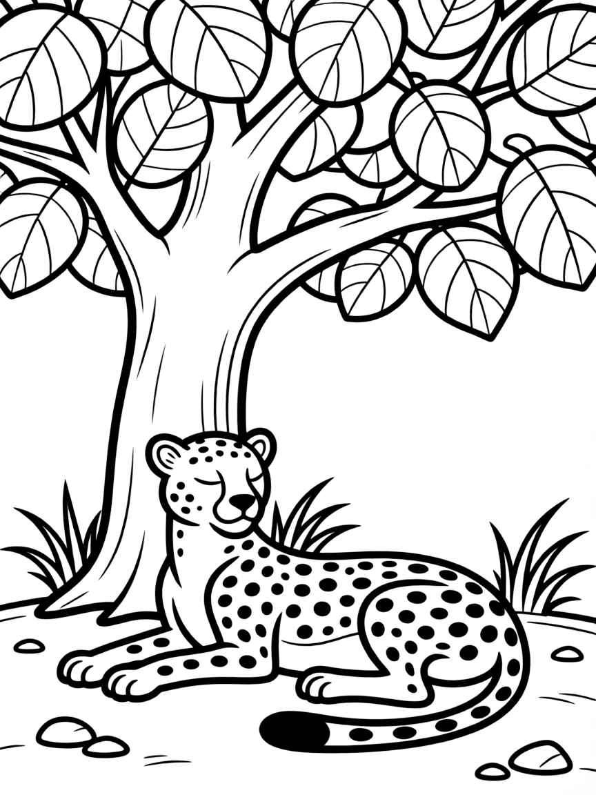 A speedy cheetah resting under a tree.