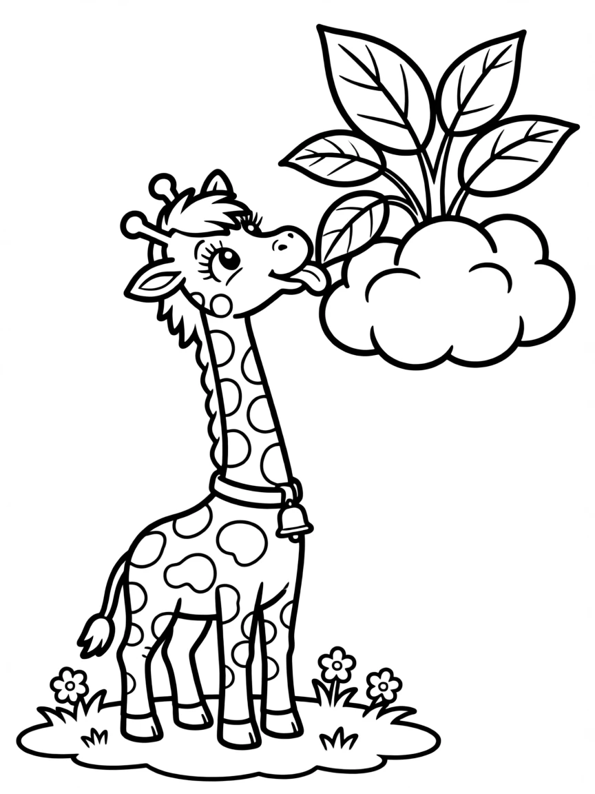 A tall giraffe eating leaves from a cloud.