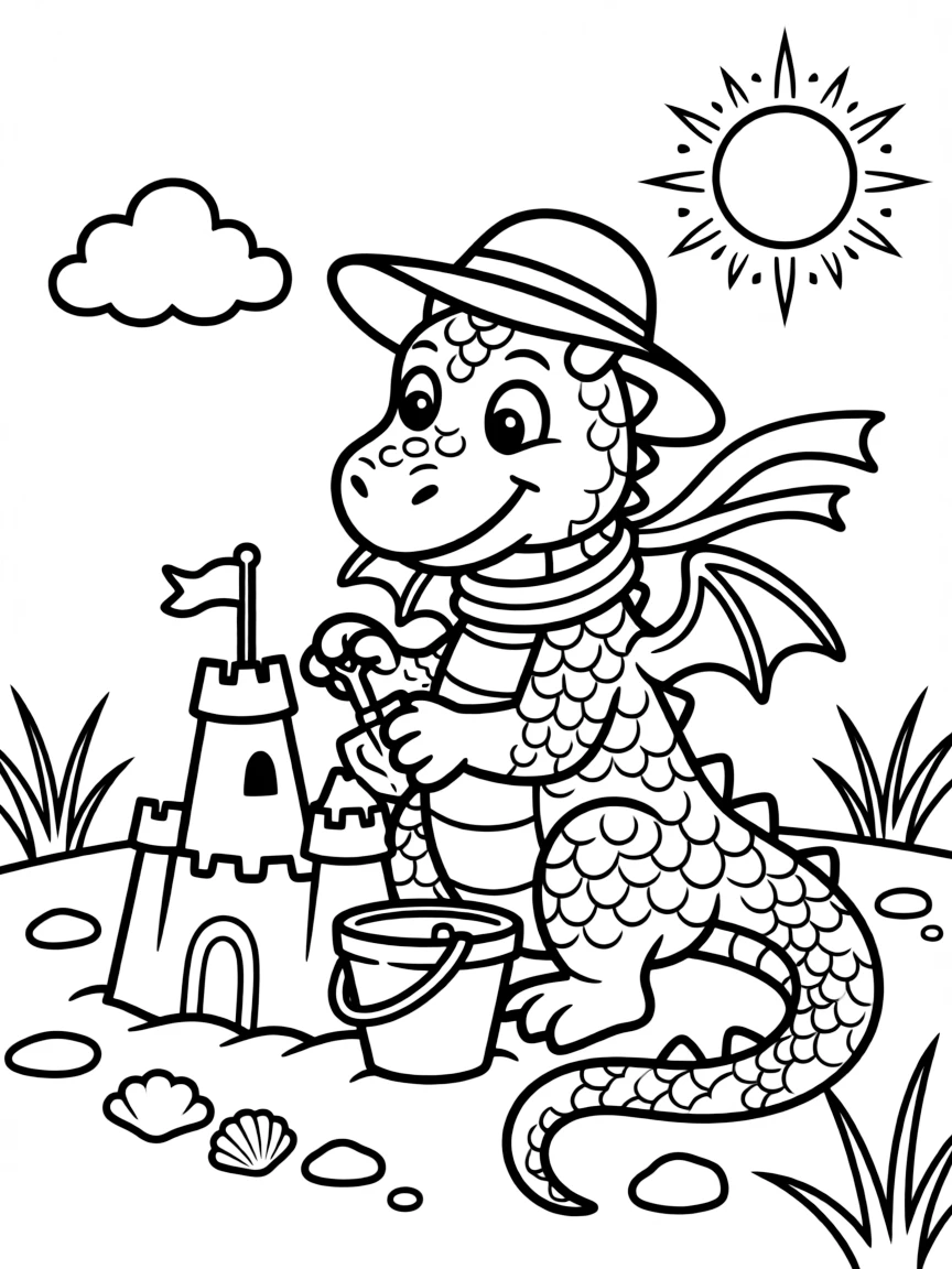 A friendly dragon building a sandcastle.