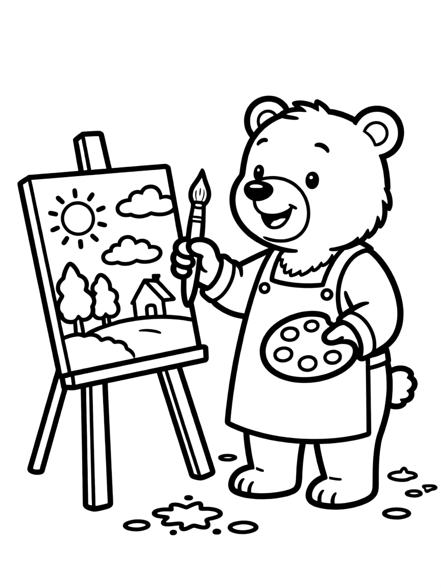 A curious bear painting a picture.