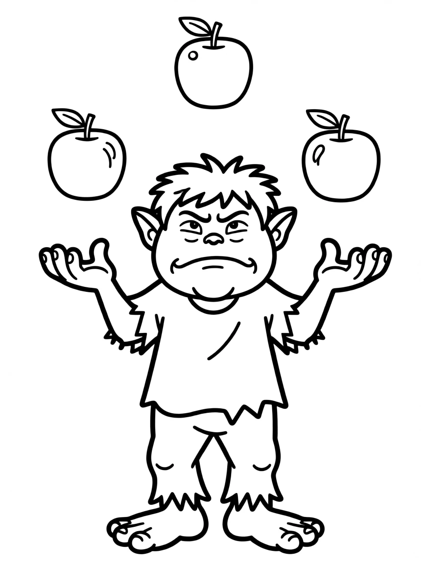 A grumpy troll juggling apples.