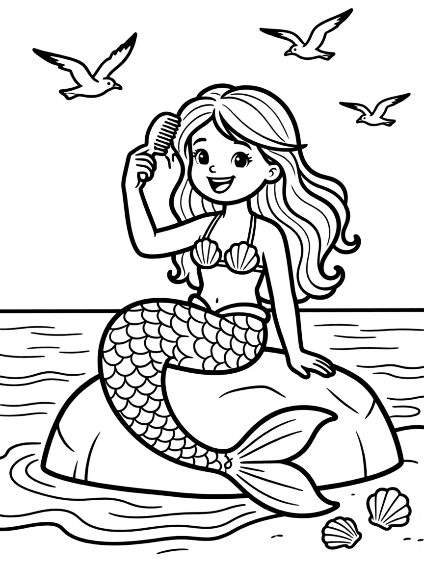 A playful mermaid brushing her hair.
