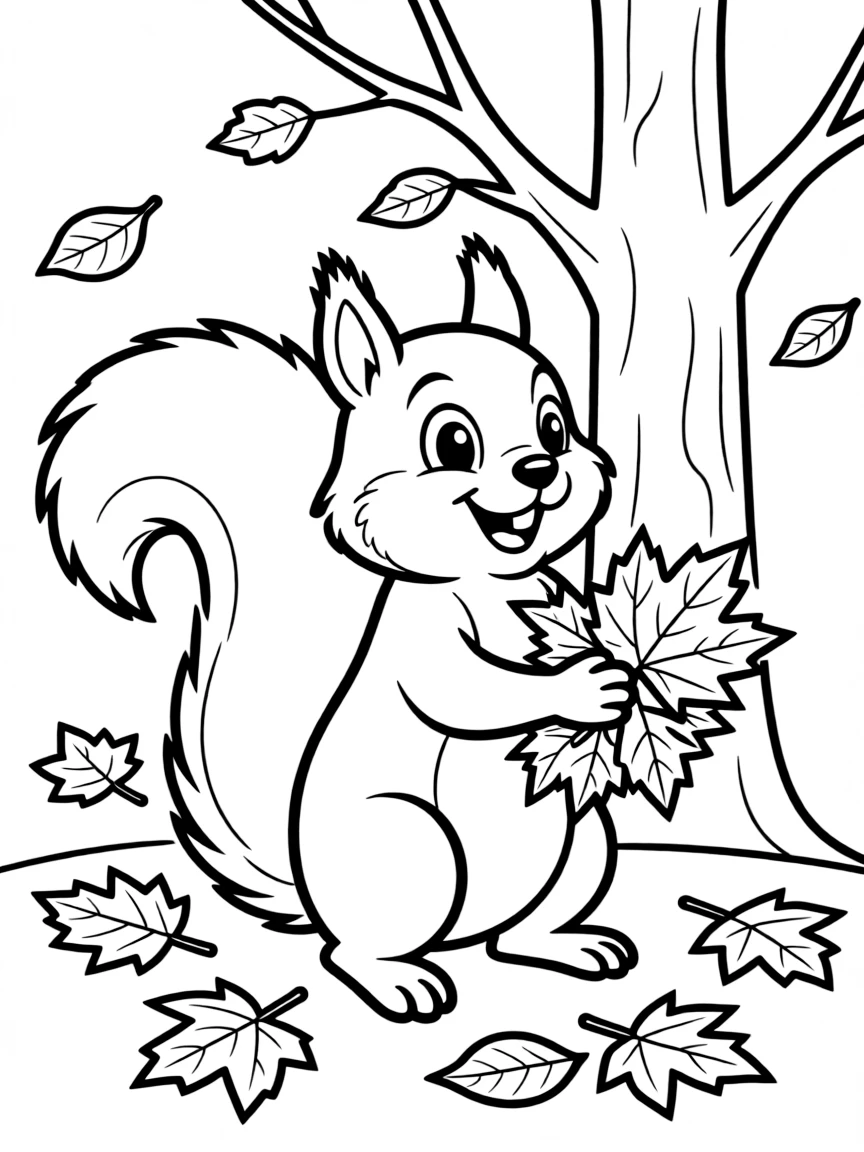 A happy squirrel collecting autumn leaves.
