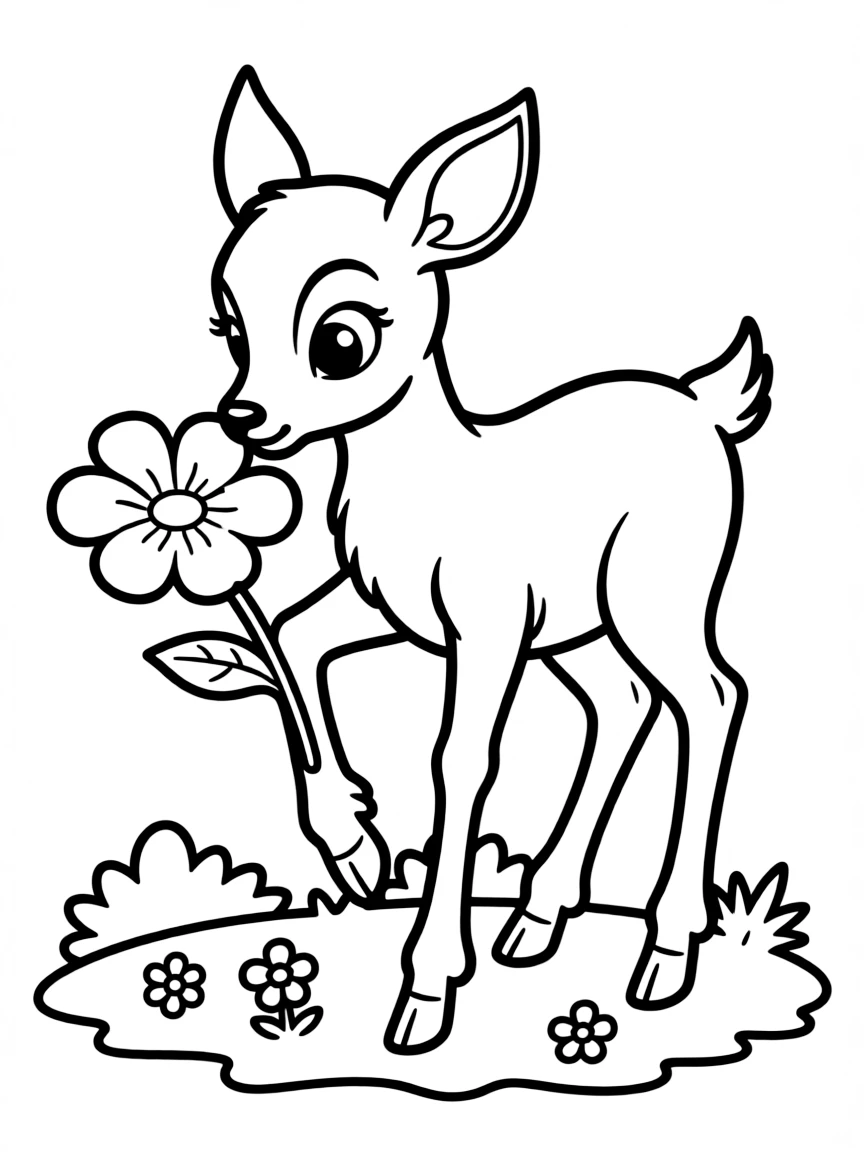 A shy deer smelling a flower.