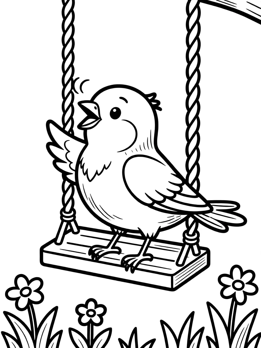 A singing bird on a swing.