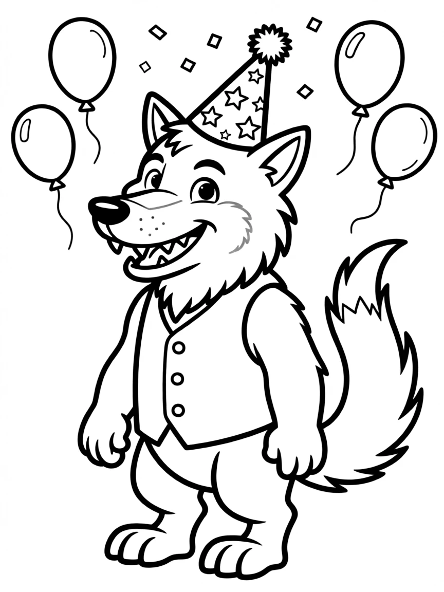 A big bad wolf wearing a party hat.