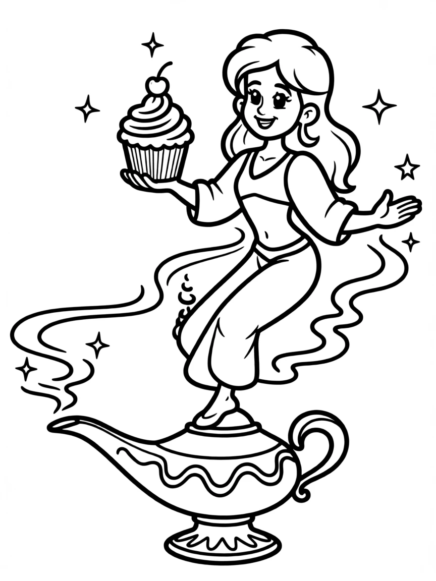 A magical genie granting a wish for a cupcake.