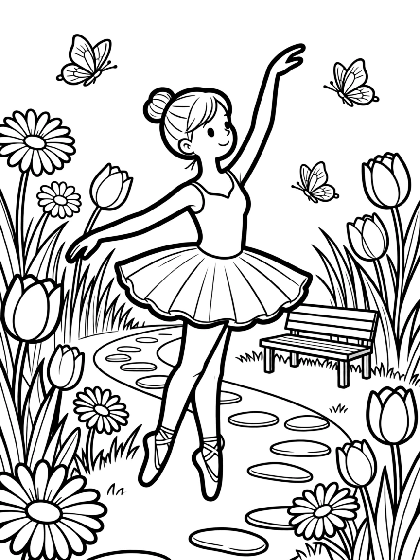A graceful ballerina twirling in a garden.