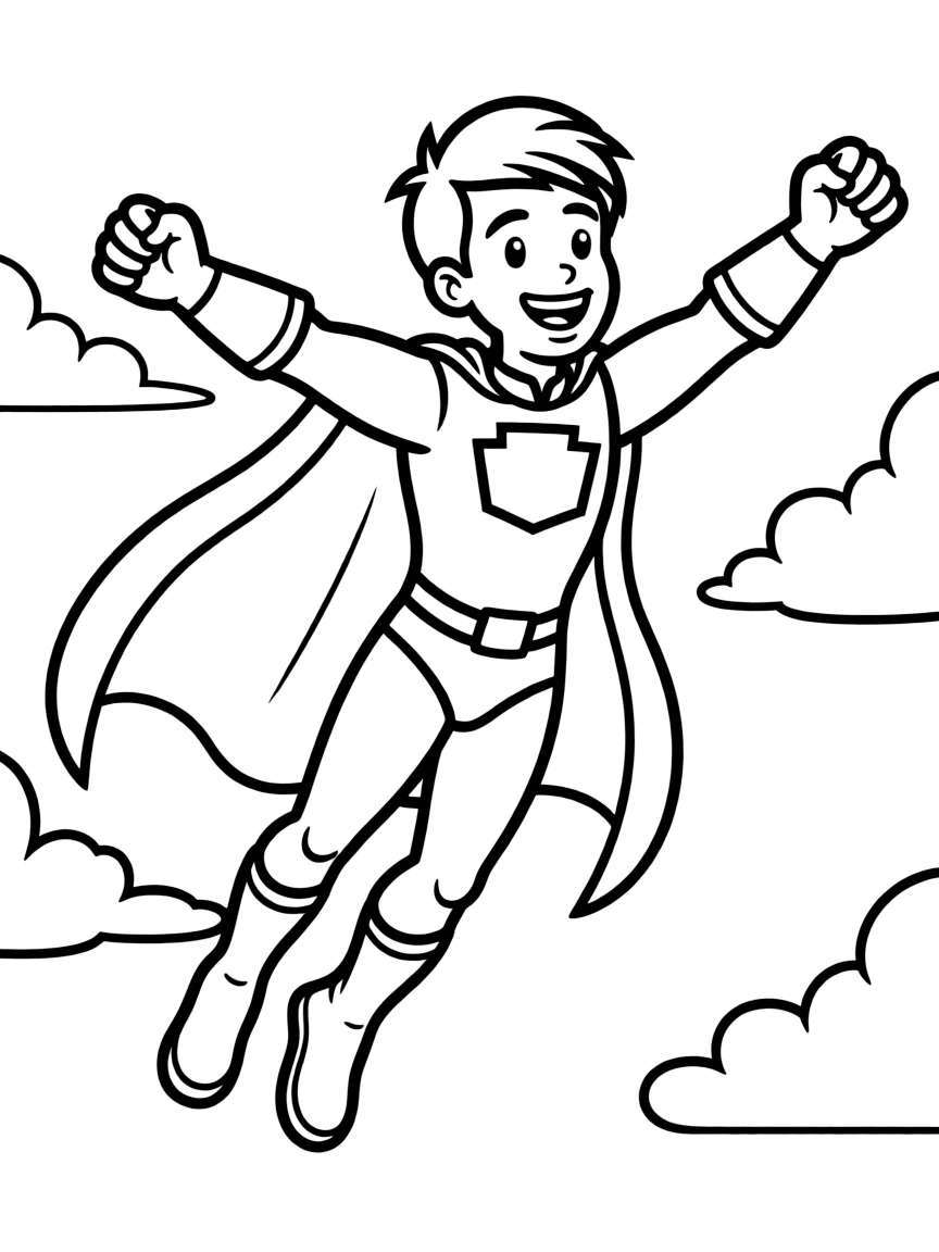 A strong superhero flying with a smile.