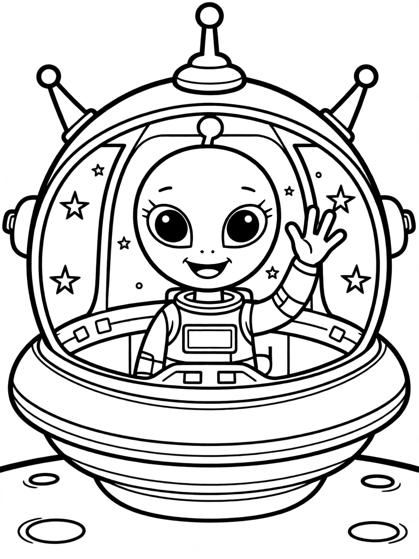A friendly alien waving from a spaceship.