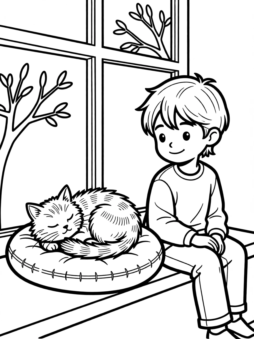 A sleepy cat curled up by a window.