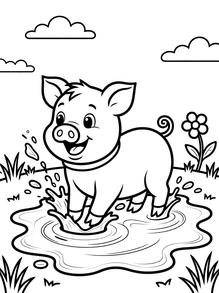 A oinking pig playing in clean mud.