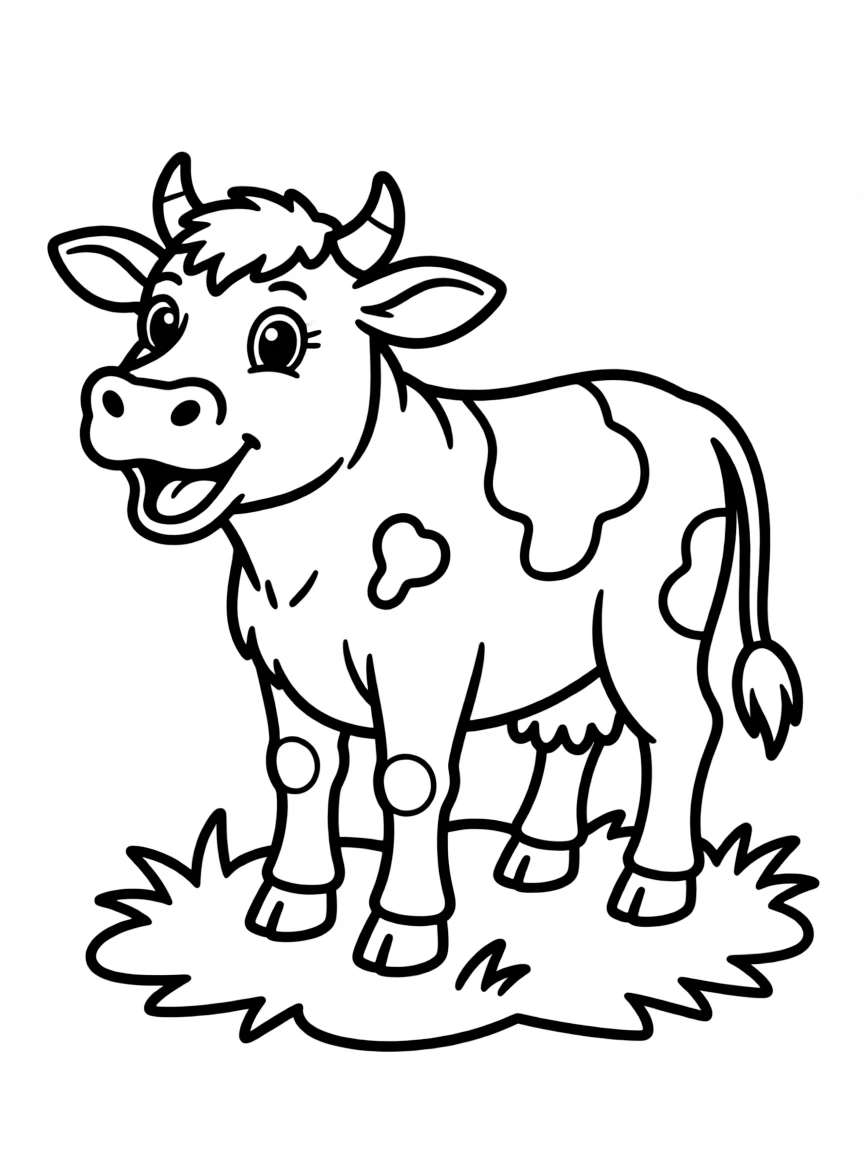 A mooing cow eating grass.