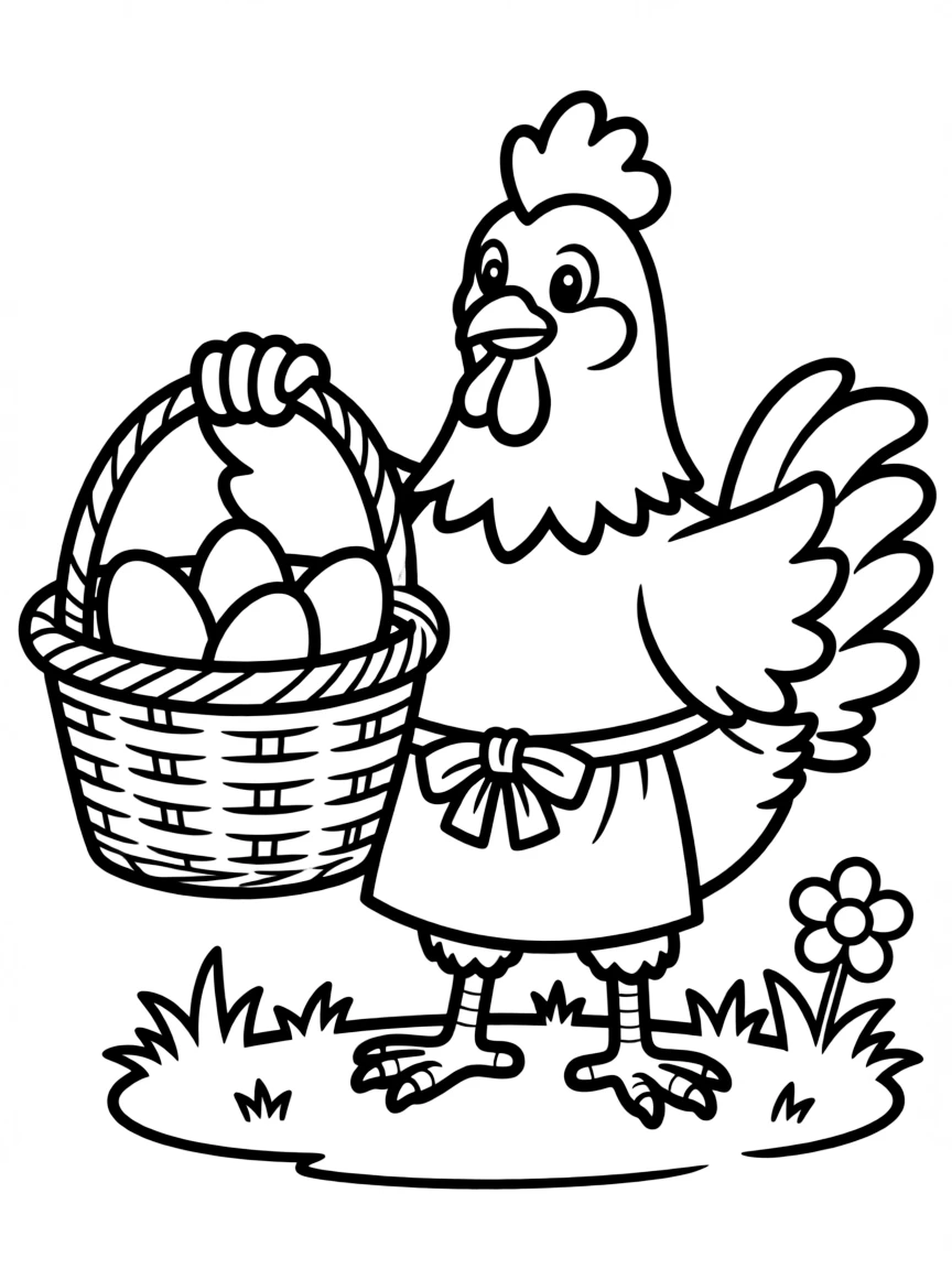 A clucking chicken with a basket of eggs.