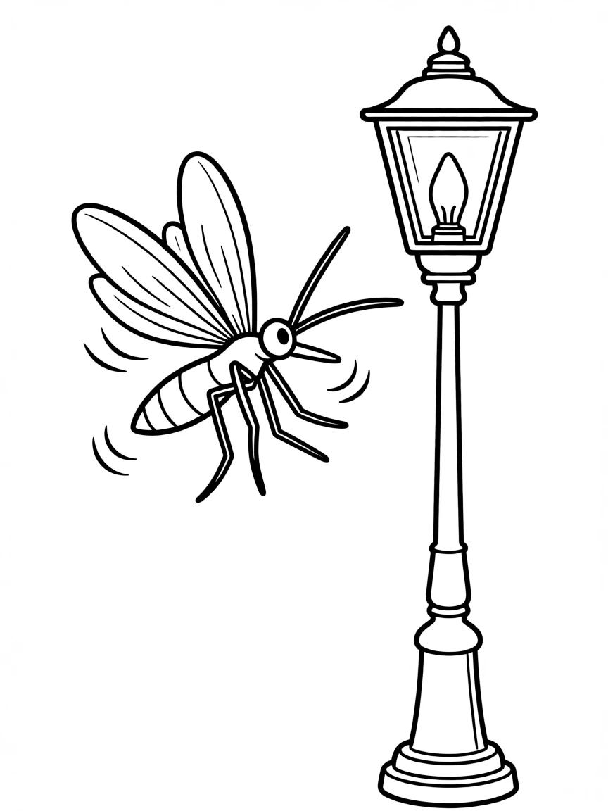 A buzzing mosquito flying near a lamp.