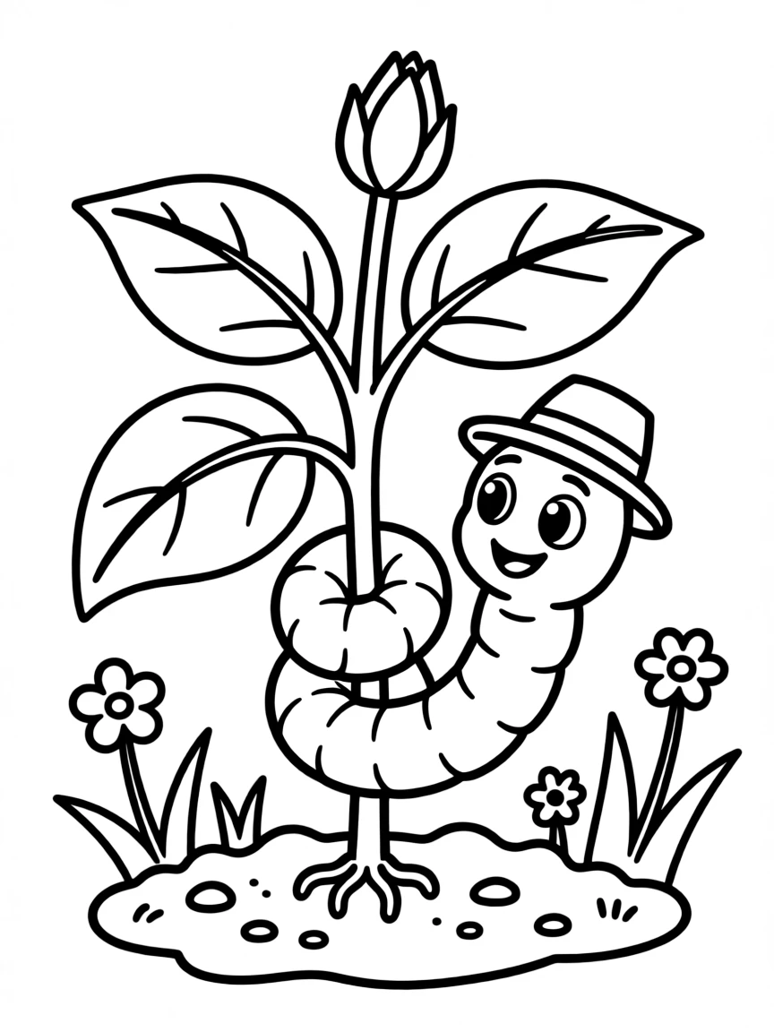 A wiggling worm helping a plant grow.