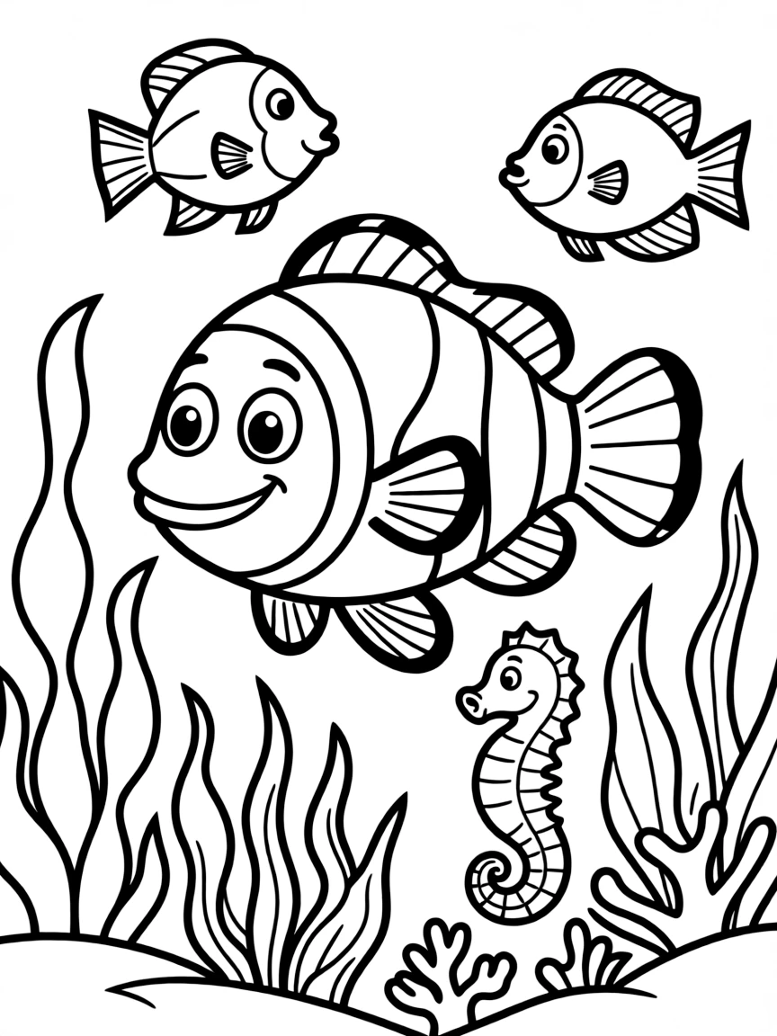 A colorful clownfish swimming with friends.