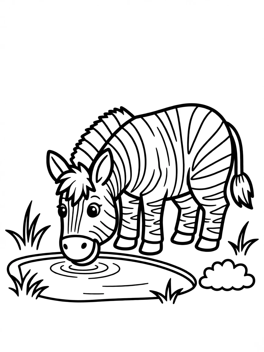 A striped zebra drinking water.