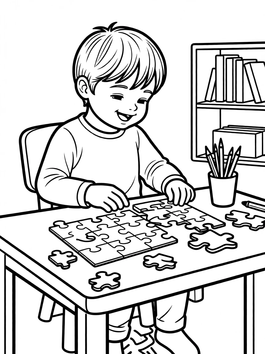 A child solving a puzzle.