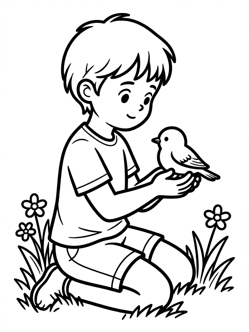 A child helping a bird.