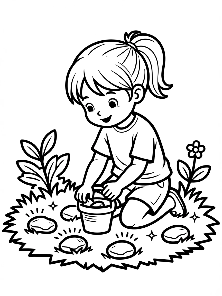 A child collecting shiny rocks.