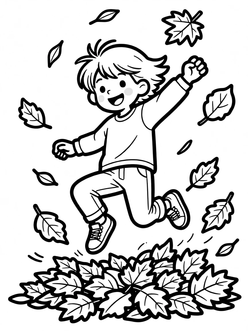 A child jumping in leaves.
