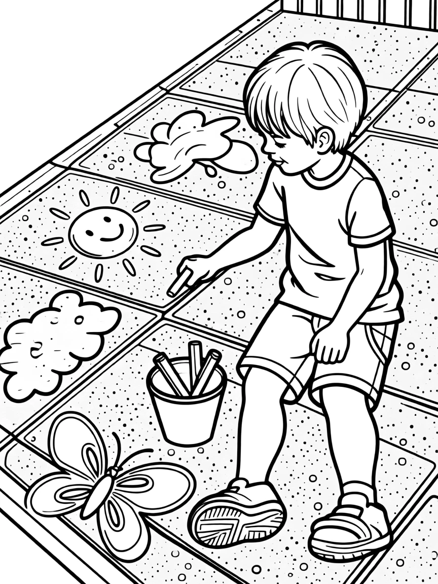 A child drawing on the sidewalk.