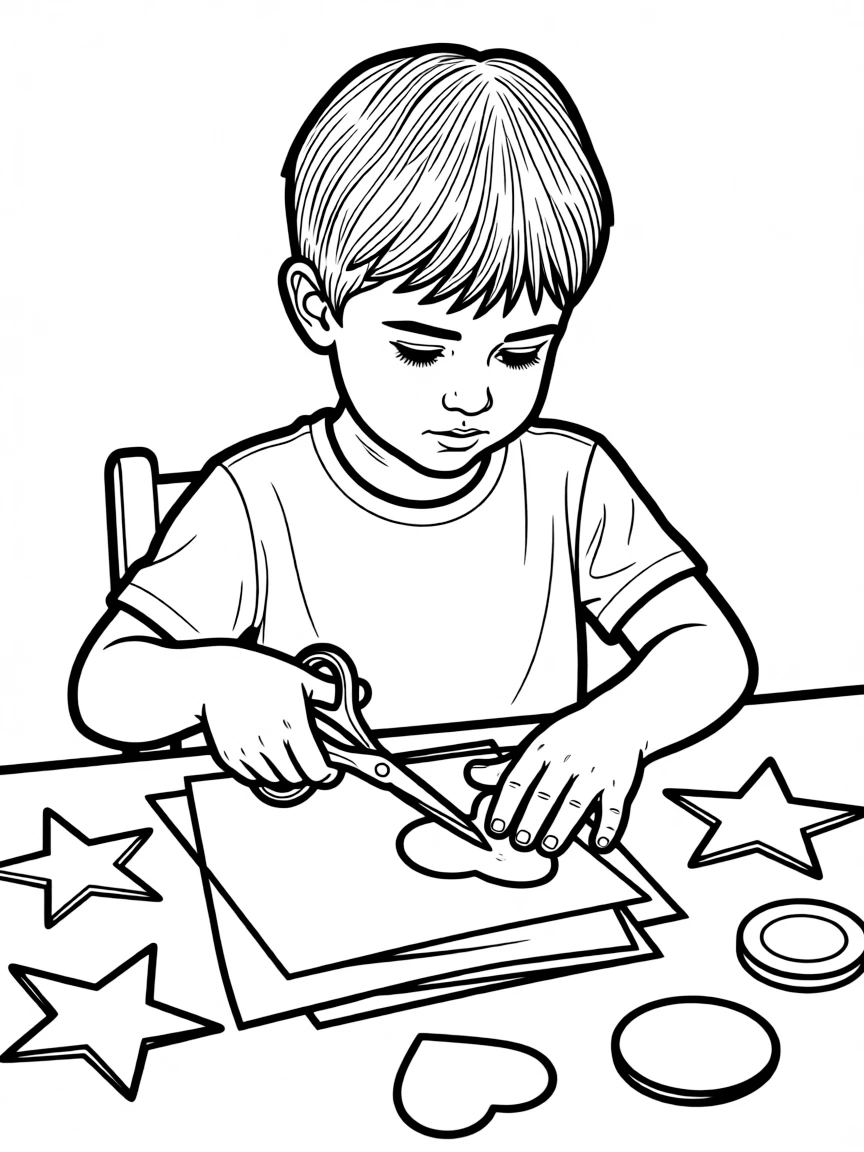 A child cutting paper shapes.