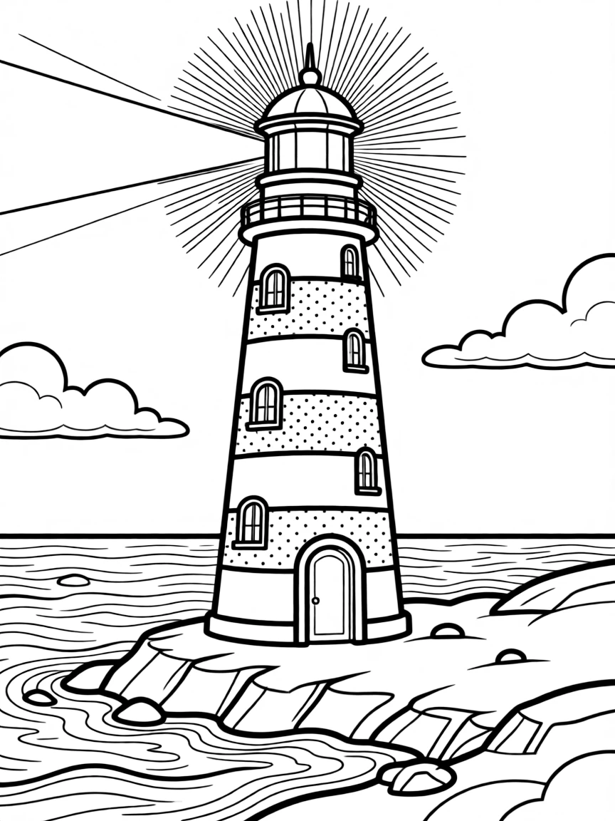 A tall lighthouse with light shining.