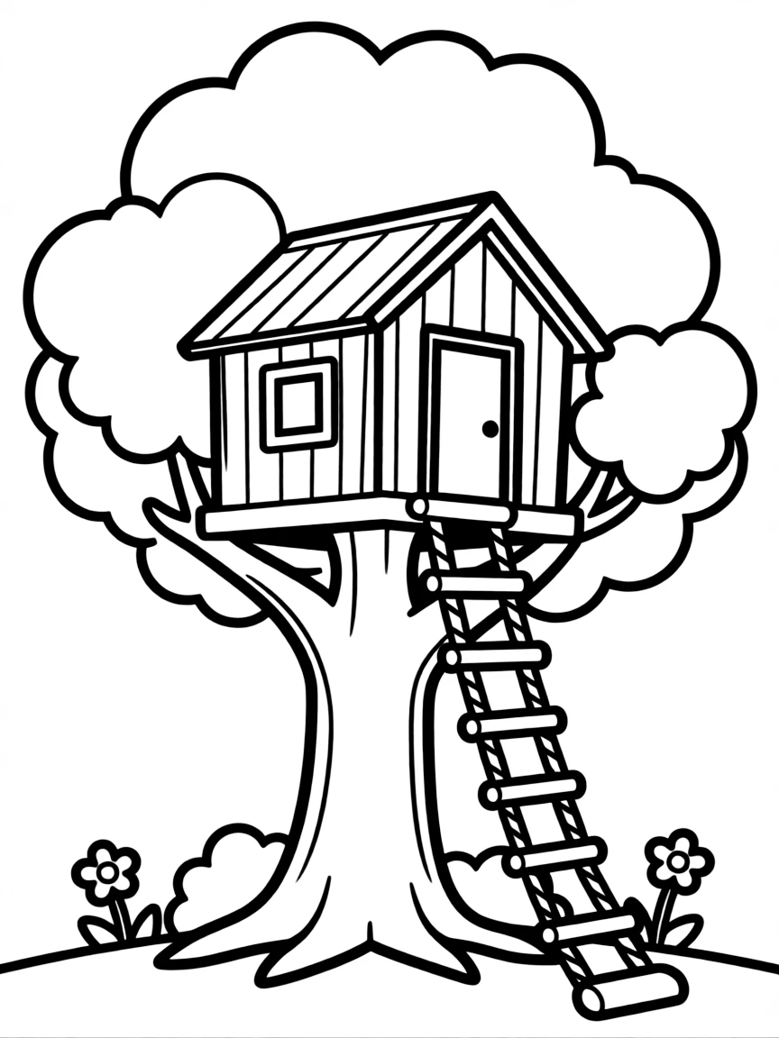 A cozy treehouse with a rope ladder.