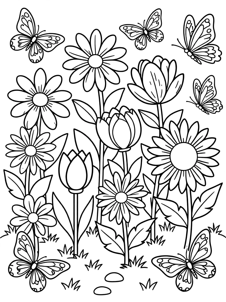 A vibrant flower garden with butterflies.
