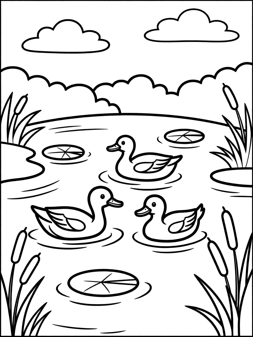 A calm pond with ducks swimming.
