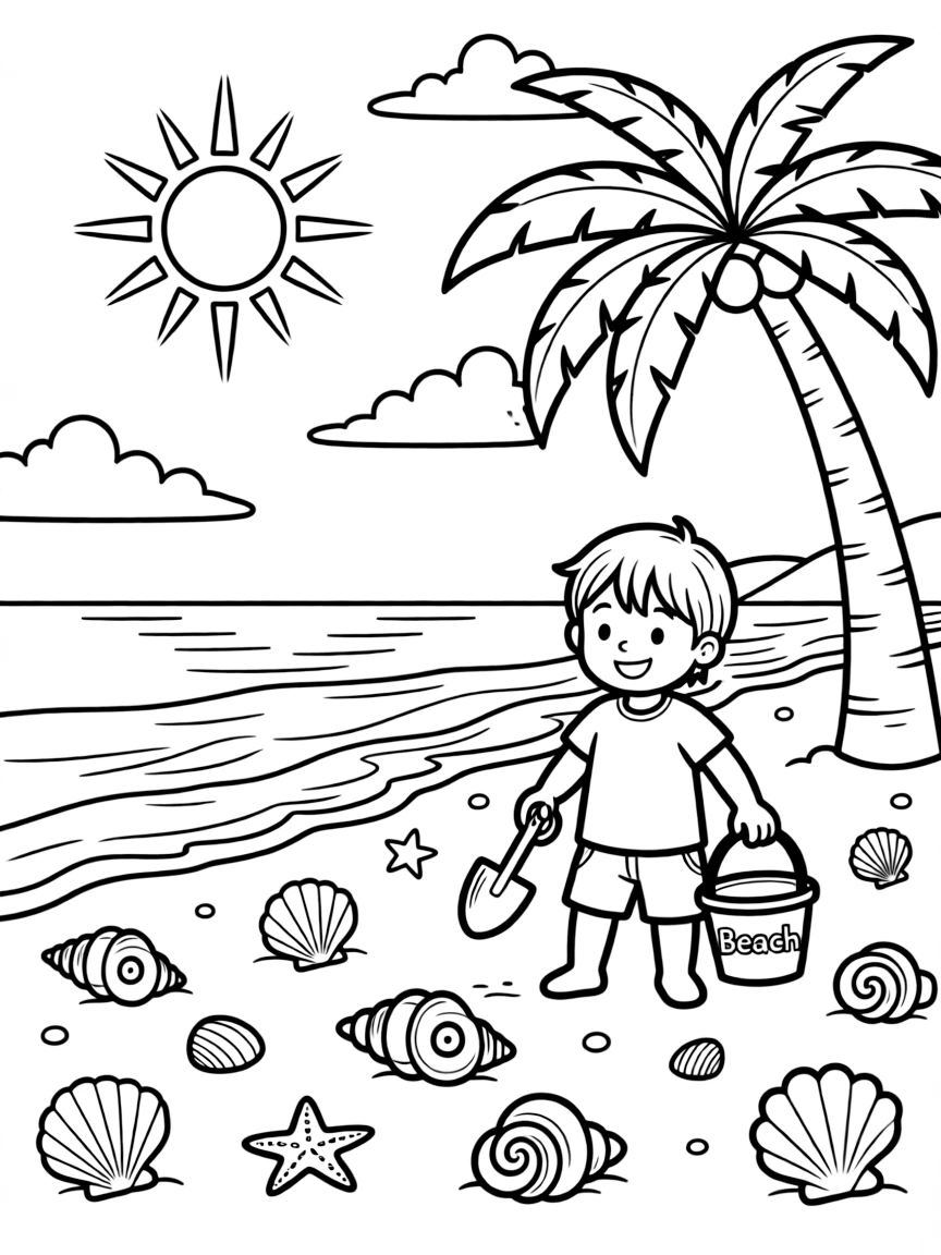 A sunny beach with seashells.