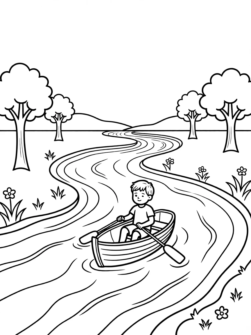 A flowing river with a tiny boat.