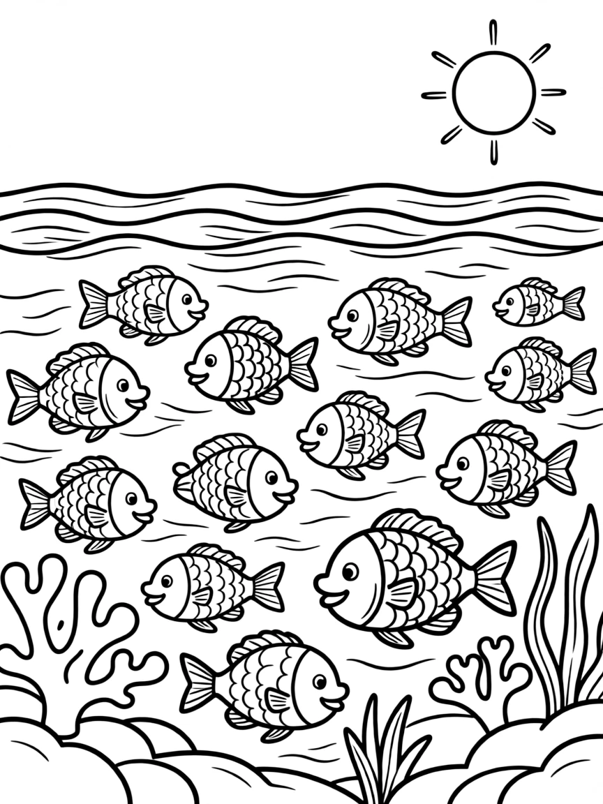 A vast ocean with happy fish.