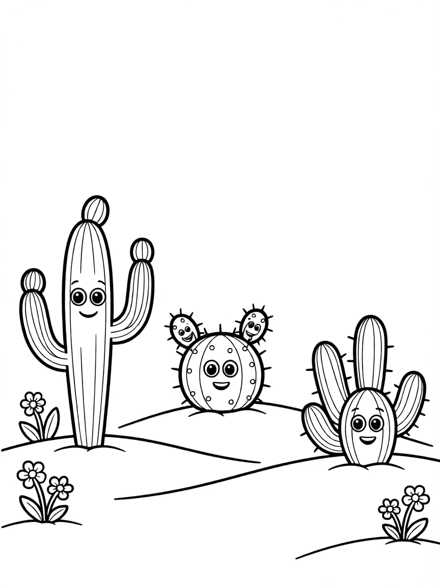 A sandy desert with friendly cacti.
