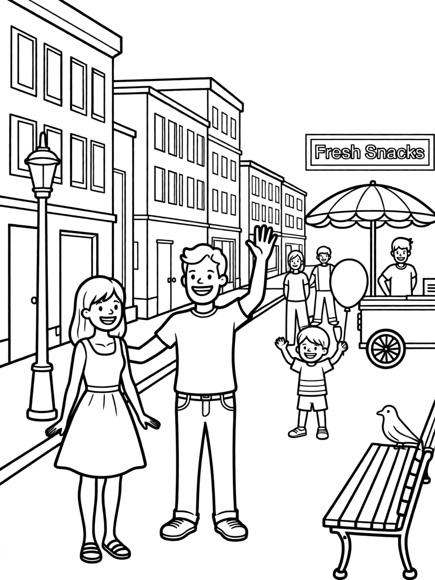 A bustling city with happy people.