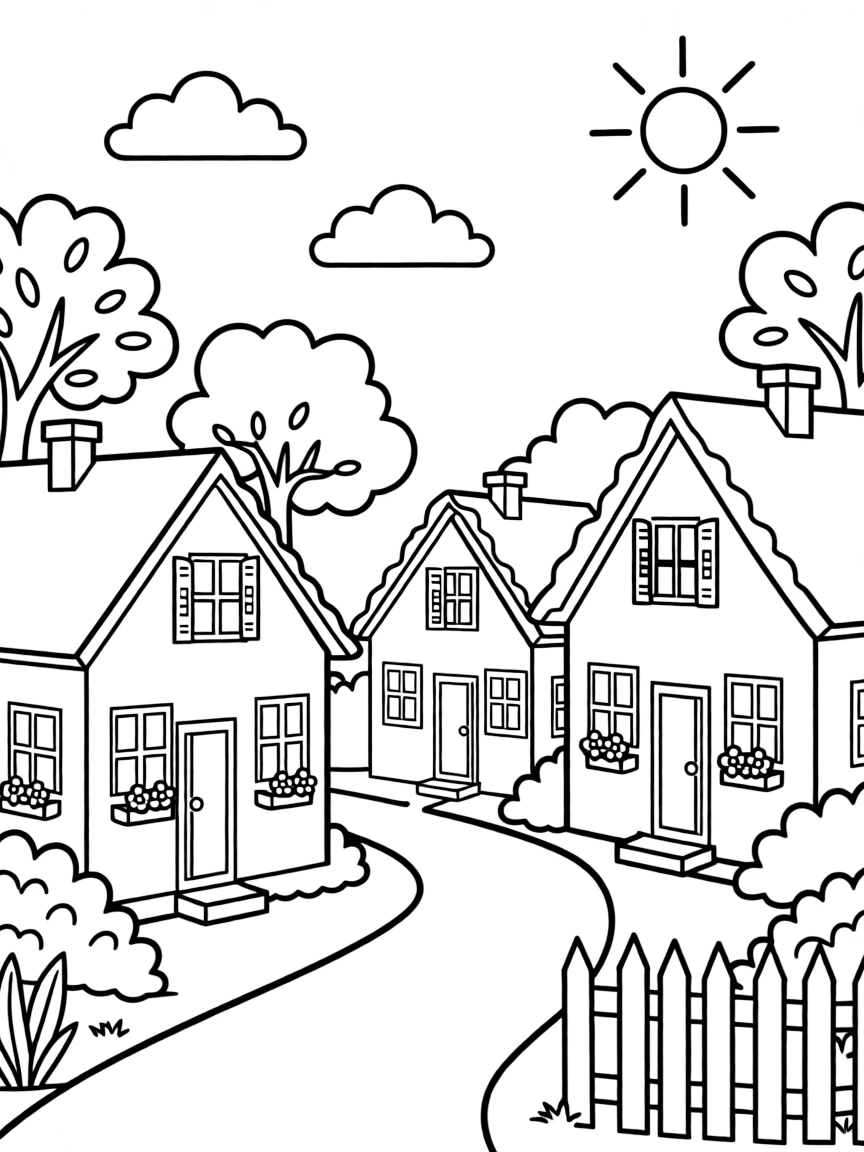 A quiet village with charming houses.