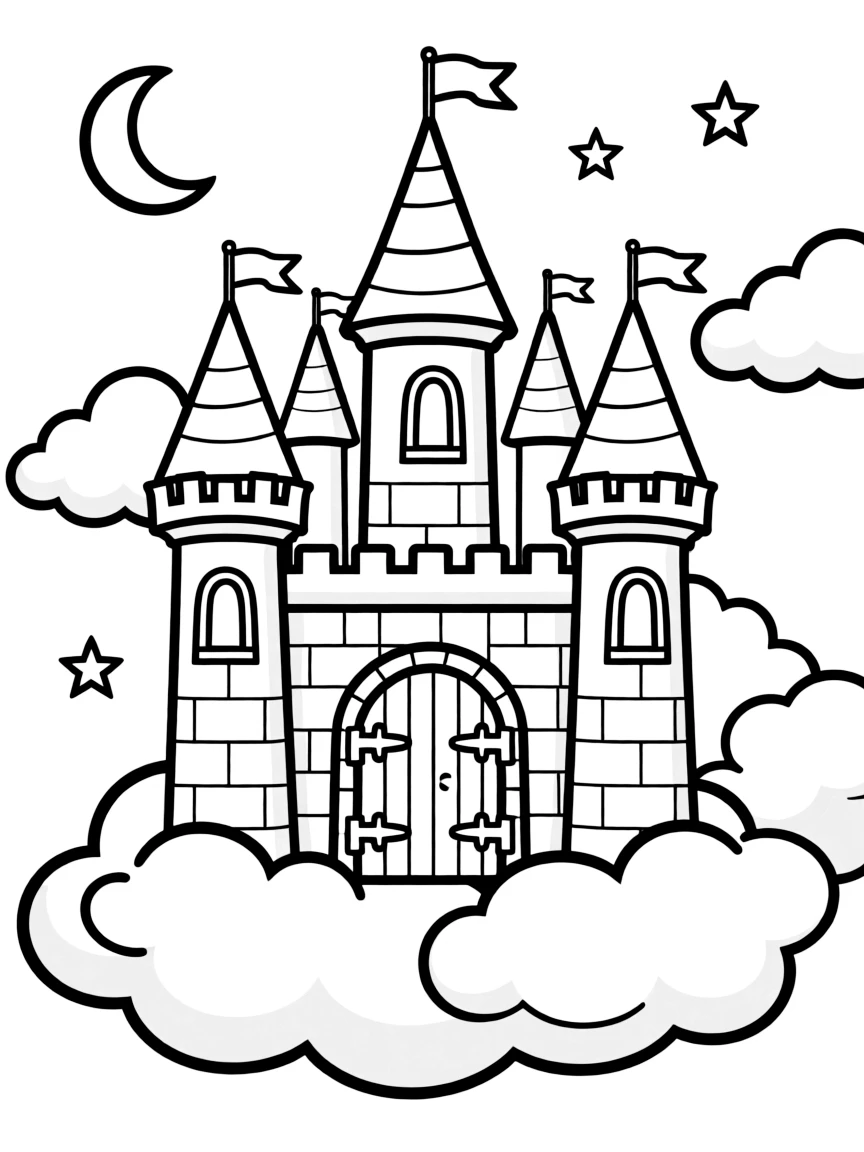 A magical castle surrounded by clouds.