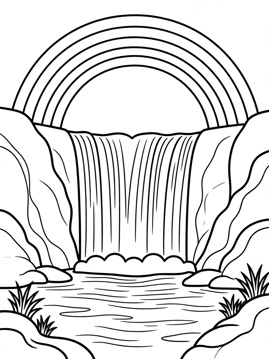 A rainbow arching over a waterfall.