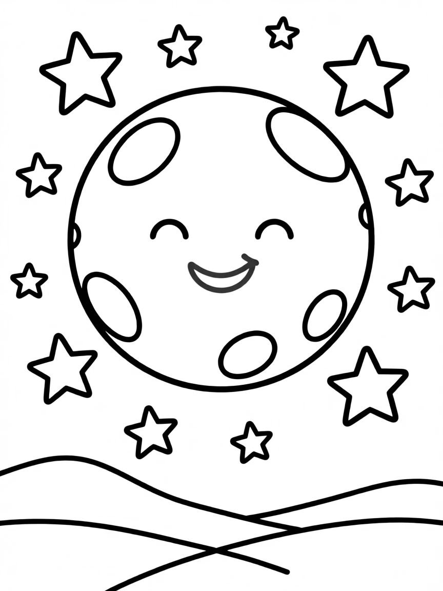 A starry night sky with a smiling moon.