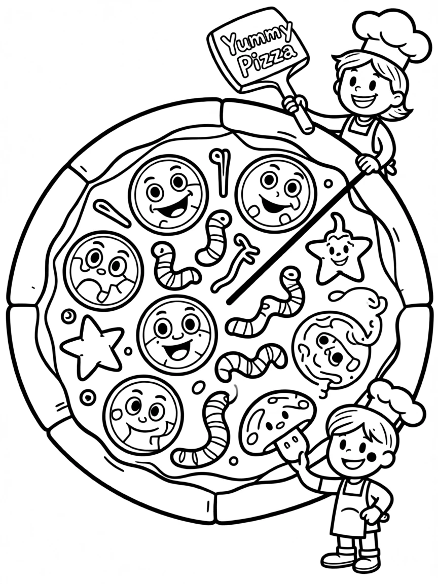 A tasty pizza with silly toppings.