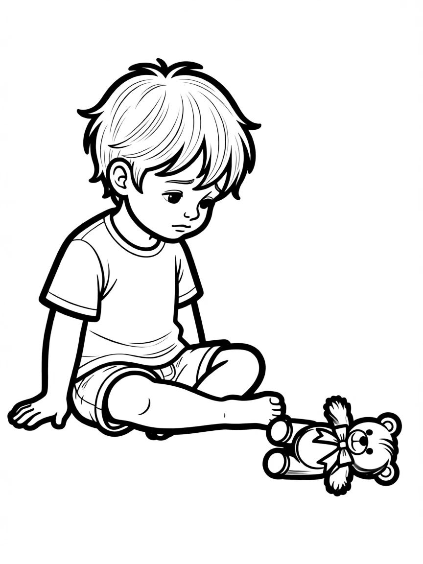 A sad child looking at a lost toy.