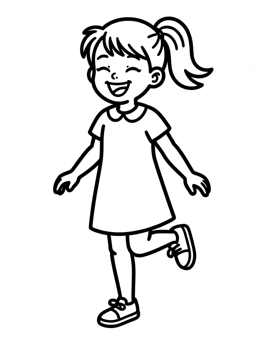 A laughing girl skipping.