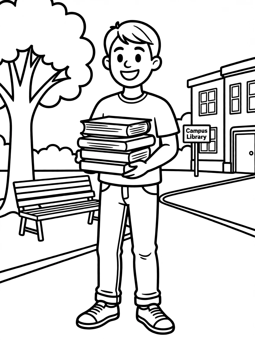 A smiling college student holding a stack of books on campus