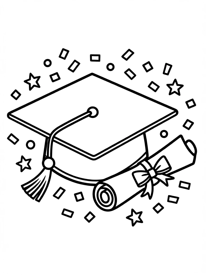 A graduation cap and diploma with confetti and stars around