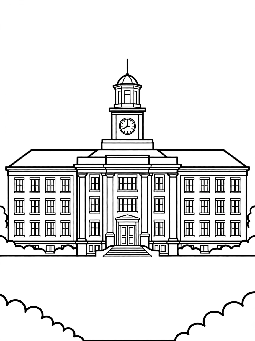 A large university building with a clock tower and open lawn